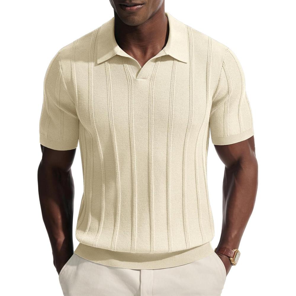 imagePJ PAUL JONES Mens Knit Polo Shirts V Neck Short Sleeve Casual Stylish Golf ShirtCream