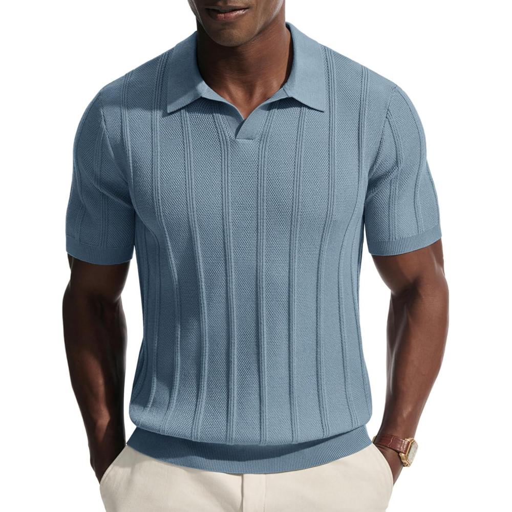 imagePJ PAUL JONES Mens Knit Polo Shirts V Neck Short Sleeve Casual Stylish Golf ShirtGrey Blue