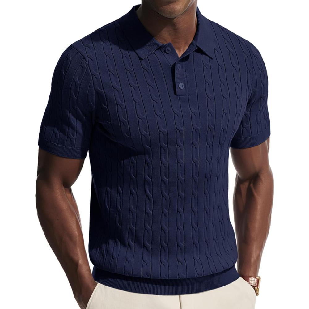 imagePJ PAUL JONES Mens Polo Shirt Casual Golf Polo Shirts Knit Textured Summer Polo T ShirtsNavy Blue