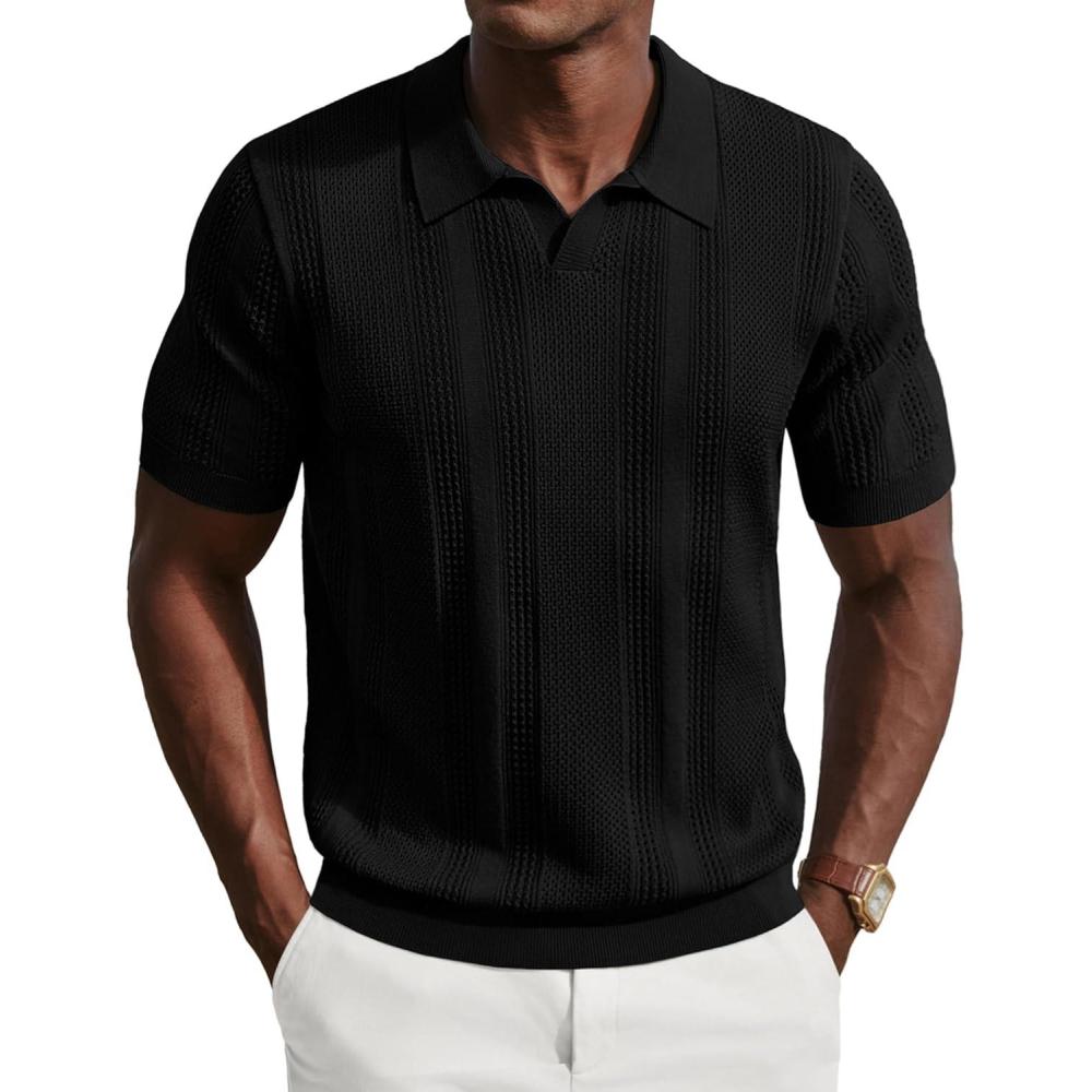 imagePJ PAUL JONES Mens Polo Shirts Short Sleeve V Neck Knit Shirt Casual Golf PolosBlack