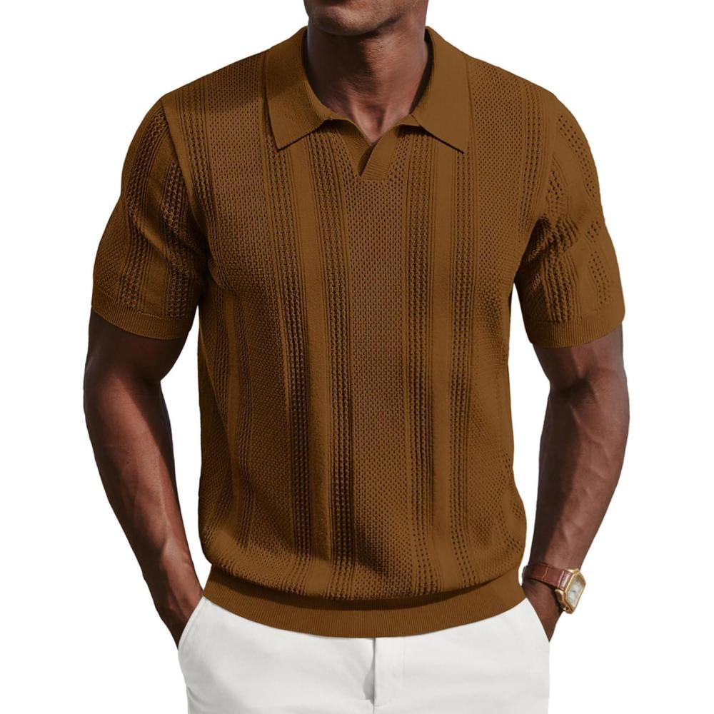 imagePJ PAUL JONES Mens Polo Shirts Short Sleeve V Neck Knit Shirt Casual Golf PolosBrown