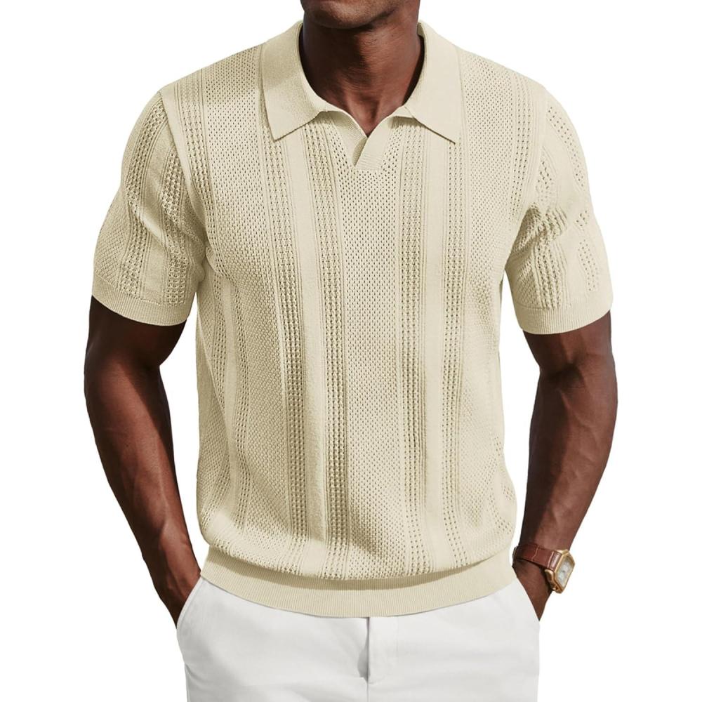 imagePJ PAUL JONES Mens Polo Shirts Short Sleeve V Neck Knit Shirt Casual Golf PolosCream