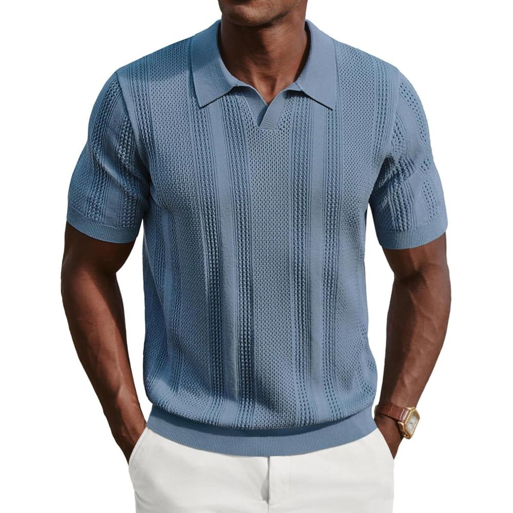 imagePJ PAUL JONES Mens Polo Shirts Short Sleeve V Neck Knit Shirt Casual Golf PolosGrey Blue