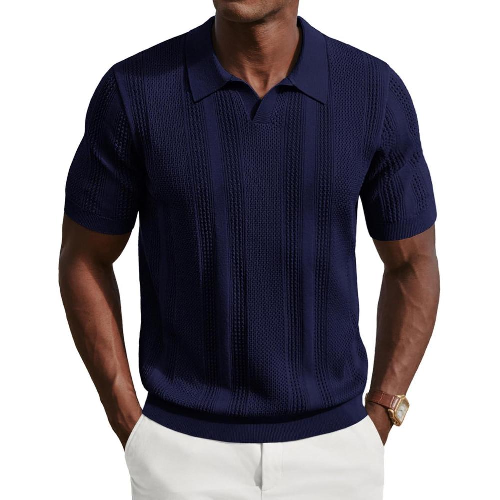 imagePJ PAUL JONES Mens Polo Shirts Short Sleeve V Neck Knit Shirt Casual Golf PolosNavy Blue