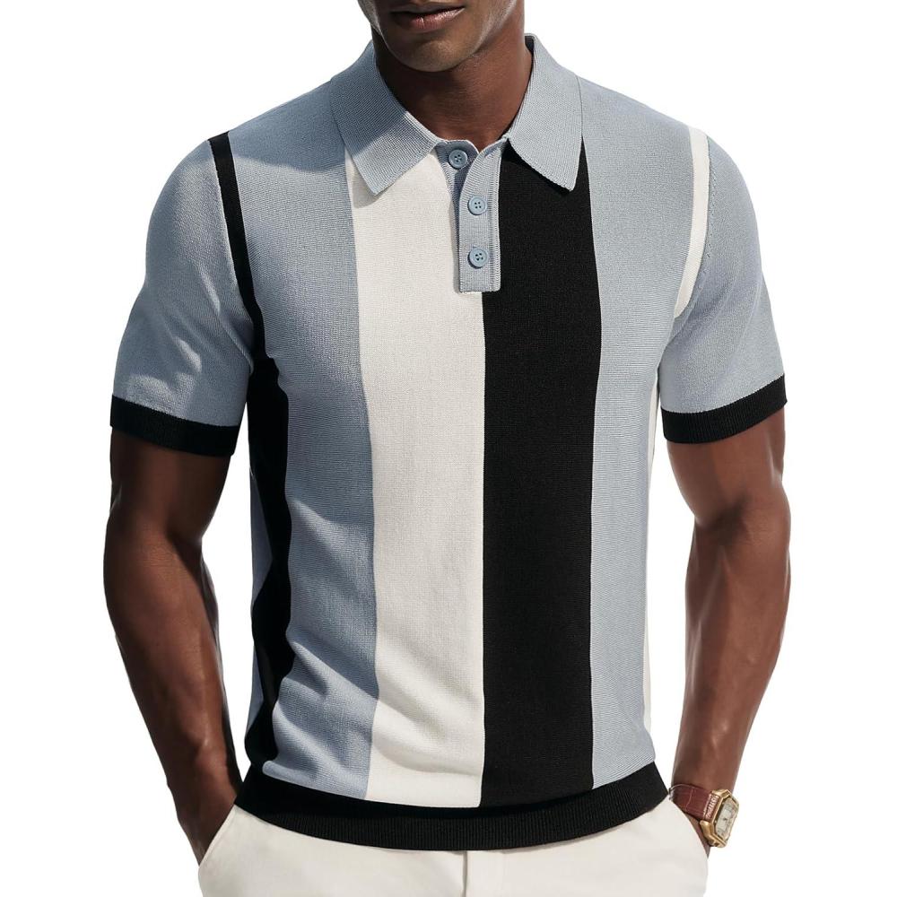 imagePJ PAUL JONES Mens Polo Shirts Vintage Striped Button Down Shirts Casual Knitting ShirtsBlue