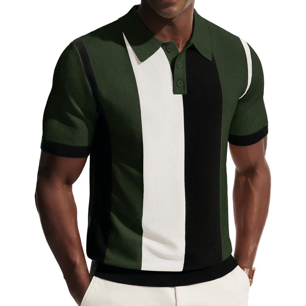 imagePJ PAUL JONES Mens Polo Shirts Vintage Striped Button Down Shirts Casual Knitting ShirtsGreen