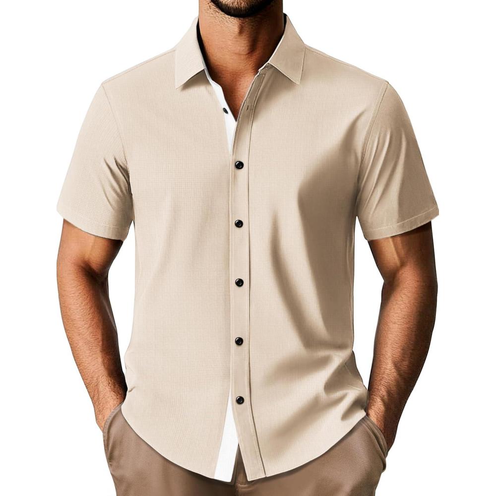 imagePJ PAUL JONES Mens Short Sleeve Button Down Casual Dress ShirtBeige