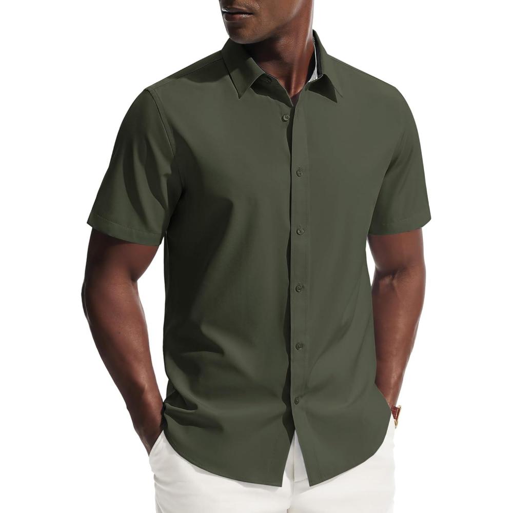 imagePJ PAUL JONES Mens Short Sleeve Dress Shirts Stretch Wrinke Free Untucked Business Casual Button Down Shirt Regular FitArmy Green