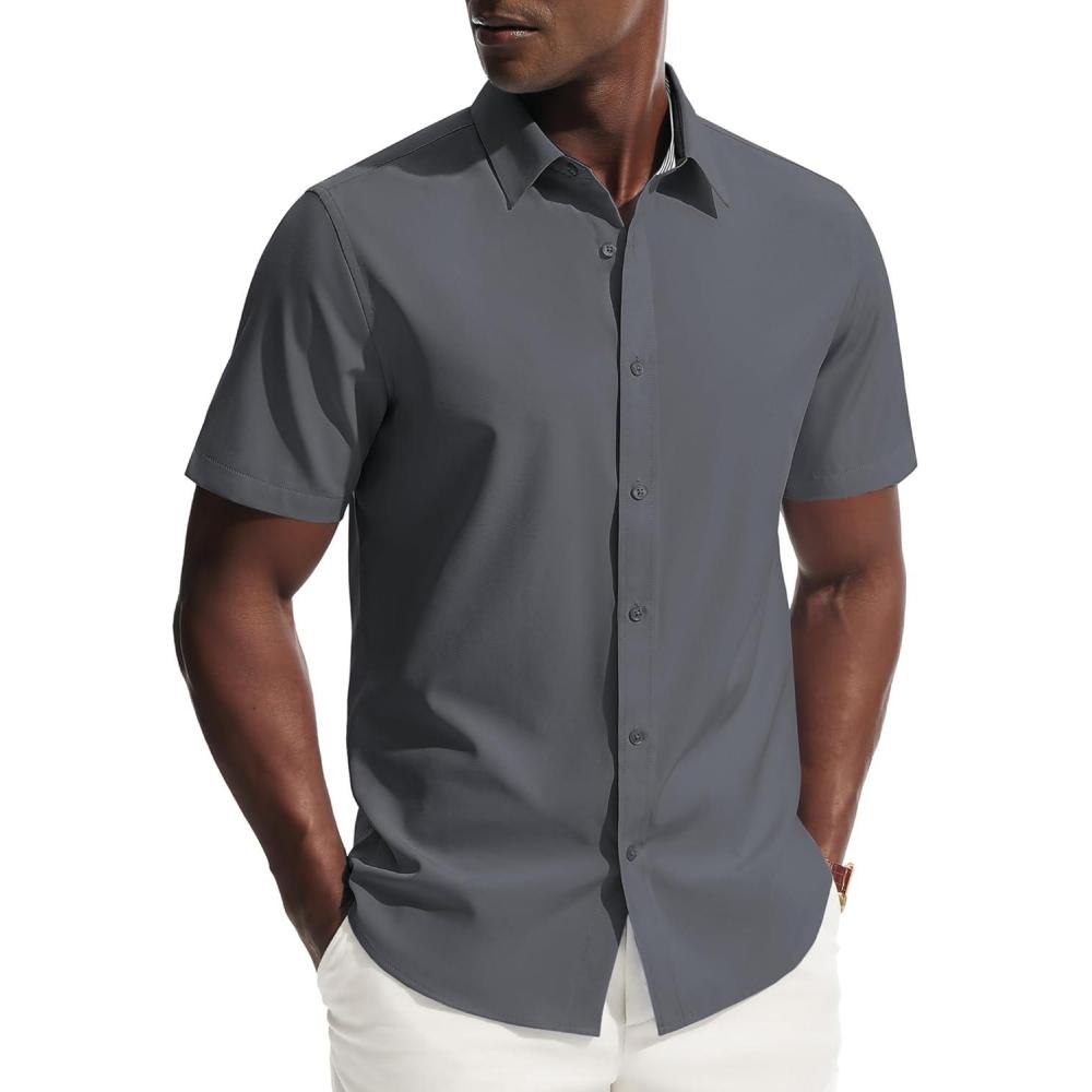 imagePJ PAUL JONES Mens Short Sleeve Dress Shirts Stretch Wrinke Free Untucked Business Casual Button Down Shirt Regular FitGrey