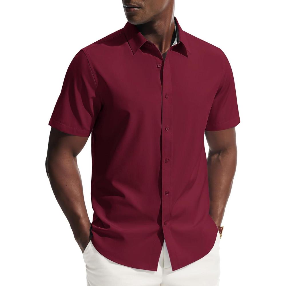 imagePJ PAUL JONES Mens Short Sleeve Dress Shirts Stretch Wrinke Free Untucked Business Casual Button Down Shirt Regular FitWine Red
