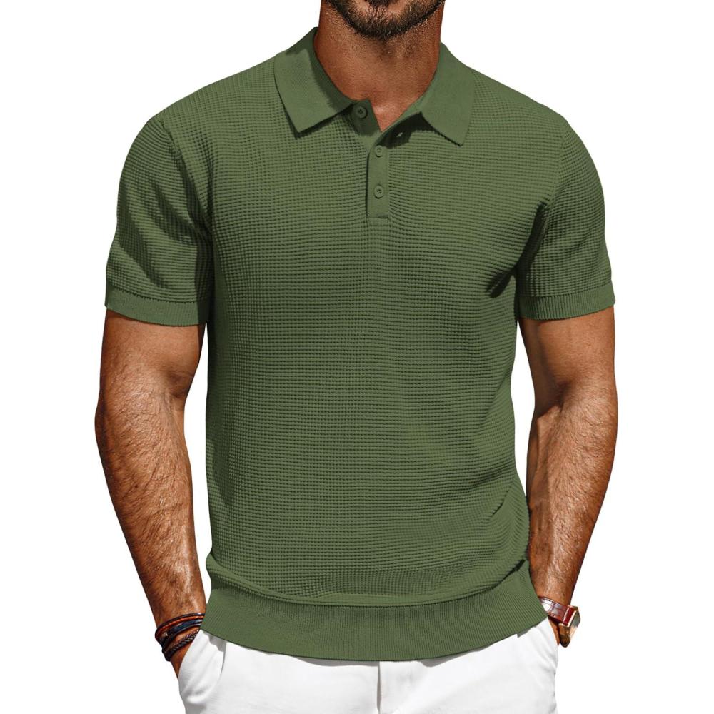 imagePJ PAUL JONES Mens Short Sleeve Waffle Texture Polo ShirtArmy Green