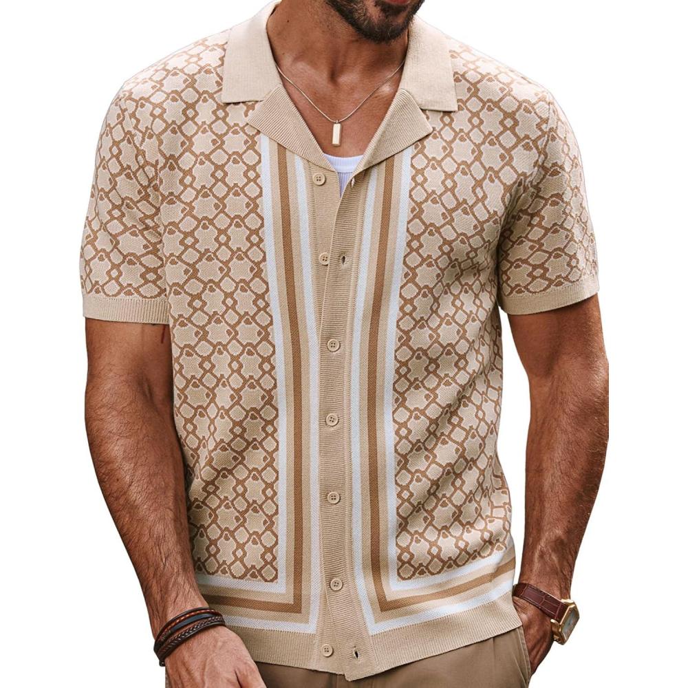imagePJ PAUL JONES Mens Vintage Button Down Cuban Collar Knitted Polo ShirtBeige