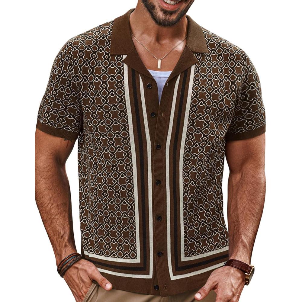 imagePJ PAUL JONES Mens Vintage Button Down Cuban Collar Knitted Polo ShirtCoffee