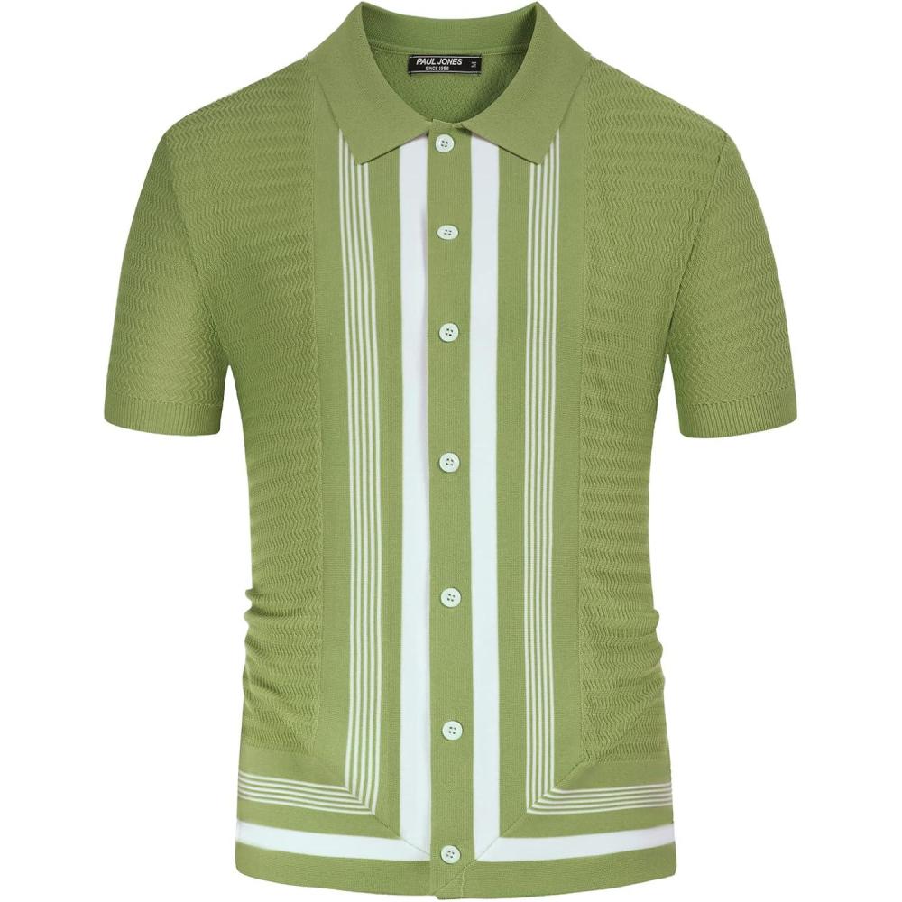 imagePJ PAUL JONES Mens Vintage Stripe Knit Polo Shirts Short Sleeve Stylish Button Down Cardigan SweaterMatcha