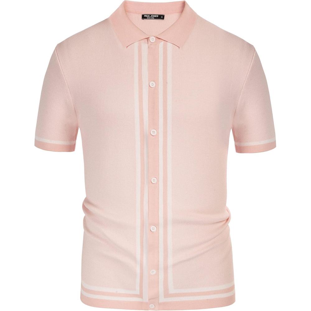 imagePJ PAUL JONES Mens Vintage Stripe Knit Polo Shirts Short Sleeve Stylish Button Down Cardigan SweaterPink
