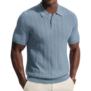PJ APUL Jones Mens Knit Polo Shirts Short Sleeve Stretch Texture Knitted Polo Shirts Casual Lightweight Golf Shirt(Blue Gray)