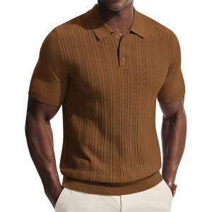 PJ APUL Jones Mens Knit Polo Shirts Short Sleeve Stretch Texture Knitted Polo Shirts Casual Lightweight Golf Shirt(Brown)