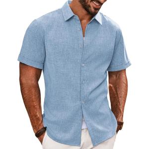 PJ Jones Mens Casual Shirts Short Sleeve Button Down Shirt Lightweight Summer Shirts(Sky Blue)