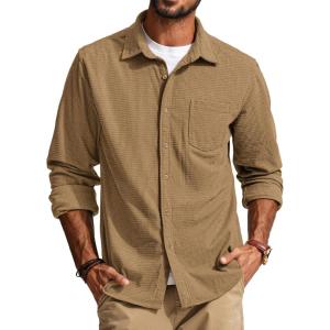 PJ PAUL JONES Men’s Button Down Shirt Texture Wrinkle Free Shirts Long Sleeve Waffle Untucked Shirt(Dark Khaki)