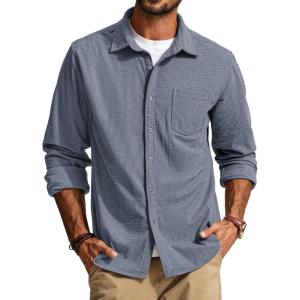 PJ PAUL JONES Men’s Button Down Shirt Texture Wrinkle Free Shirts Long Sleeve Waffle Untucked Shirt(Gray Blue)