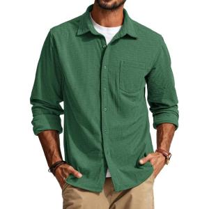 PJ PAUL JONES Men’s Button Down Shirt Texture Wrinkle Free Shirts Long Sleeve Waffle Untucked Shirt(Green)