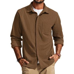PJ PAUL JONES Men’s Button Down Shirt Texture Wrinkle Free Shirts Long Sleeve Waffle Untucked Shirt(Light Coffee)