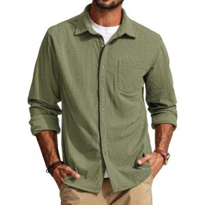 PJ PAUL JONES Men’s Button Down Shirt Texture Wrinkle Free Shirts Long Sleeve Waffle Untucked Shirt(Light Green)
