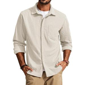 PJ PAUL JONES Men’s Button Down Shirt Texture Wrinkle Free Shirts Long Sleeve Waffle Untucked Shirt(White)
