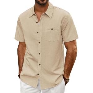 PJ PAUL JONES Mens Button Up Shirts Short Sleeve Untucked Shirts with Pocket for Summer Beach Vacation(Apricot)