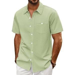 PJ PAUL JONES Mens Button Up Shirts Short Sleeve Untucked Shirts with Pocket for Summer Beach Vacation(Light Green)