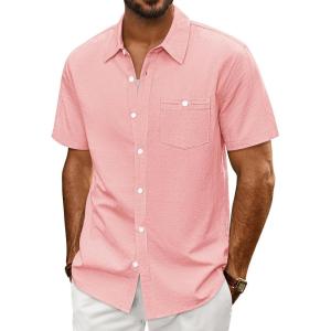 PJ PAUL JONES Mens Button Up Shirts Short Sleeve Untucked Shirts with Pocket for Summer Beach Vacation(Pink)