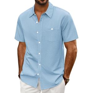 PJ PAUL JONES Mens Button Up Shirts Short Sleeve Untucked Shirts with Pocket for Summer Beach Vacation(Sky Blue)