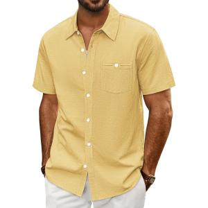 PJ PAUL JONES Mens Button Up Shirts Short Sleeve Untucked Shirts with Pocket for Summer Beach Vacation(Yellow)
