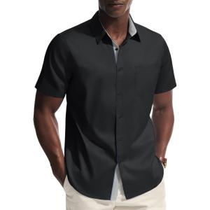 PJ PAUL JONES Mens Dress Shirt Short Sleeve Button Down Shirts Wrinkle-Free Business Casual Shirts with Pocket(Black)