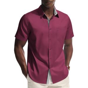 PJ PAUL JONES Mens Dress Shirt Short Sleeve Button Down Shirts Wrinkle-Free Business Casual Shirts with Pocket(Burgundy)