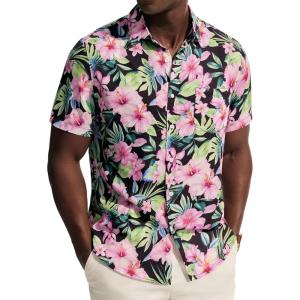 PJ PAUL JONES Mens Hawaiian Shirt Short Sleeve Button Down Shirts Tropical Floral Summer Beach Vacation Shirts Regular Fit(Black – Pink Flower)