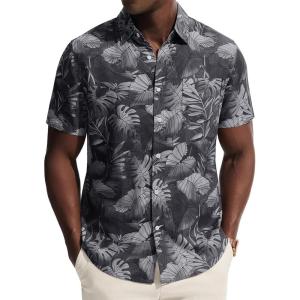 PJ PAUL JONES Mens Hawaiian Shirt Short Sleeve Button Down Shirts Tropical Floral Summer Beach Vacation Shirts Regular Fit(Black – Plam Leaf)