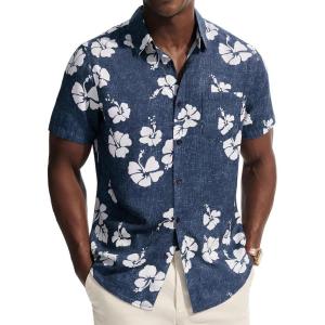 PJ PAUL JONES Mens Hawaiian Shirt Short Sleeve Button Down Shirts Tropical Floral Summer Beach Vacation Shirts Regular Fit(Navy Blue – White Flower)