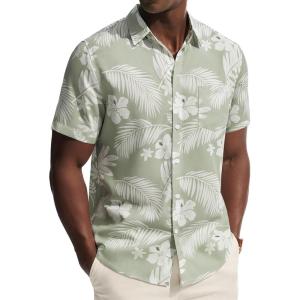 PJ PAUL JONES Mens Hawaiian Shirt Short Sleeve Button Down Shirts Tropical Floral Summer Beach Vacation Shirts Regular Fit(Sage Green – White Flower)