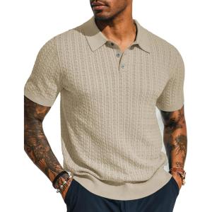 PJ PAUL JONES Mens Knit Polo Shirt Short Sleeve Hollow Out Knit Shirt Texture Knitted Polo(Apricot)