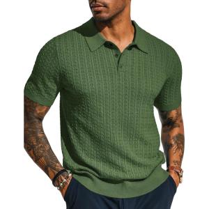 PJ PAUL JONES Mens Knit Polo Shirt Short Sleeve Hollow Out Knit Shirt Texture Knitted Polo(Army Green)