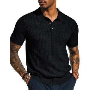 PJ PAUL JONES Mens Knit Polo Shirt Short Sleeve Hollow Out Knit Shirt Texture Knitted Polo(Black)