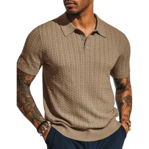 PJ PAUL JONES Mens Knit Polo Shirt Short Sleeve Hollow Out Knit Shirt Texture Knitted Polo(Camel)