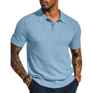 PJ PAUL JONES Mens Knit Polo Shirt Short Sleeve Hollow Out Knit Shirt Texture Knitted Polo(Sky Blue)
