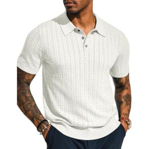 PJ PAUL JONES Mens Knit Polo Shirt Short Sleeve Hollow Out Knit Shirt Texture Knitted Polo(White)