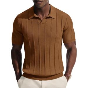 PJ PAUL JONES Mens Knit Polo Shirts V Neck Short Sleeve Casual Stylish Golf Shirt(Brown)