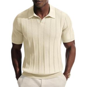 PJ PAUL JONES Mens Knit Polo Shirts V Neck Short Sleeve Casual Stylish Golf Shirt(Cream)