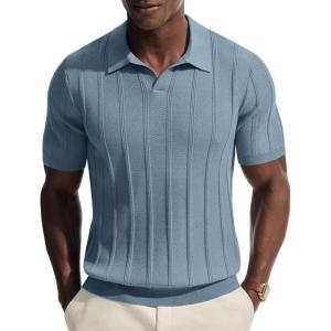 PJ PAUL JONES Mens Knit Polo Shirts V Neck Short Sleeve Casual Stylish Golf Shirt(Grey Blue)