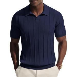 PJ PAUL JONES Mens Knit Polo Shirts V Neck Short Sleeve Casual Stylish Golf Shirt(Navy Blue)