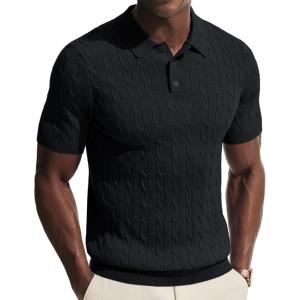 PJ PAUL JONES Men’s Polo Shirt Casual Golf Polo Shirts Knit Textured Summer Polo T Shirts(Black)
